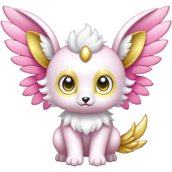 Shiny epic glittery divine white yellow pink animal-fakemon-creature with head-ear-wings, cute, adorable, big eyes emoji