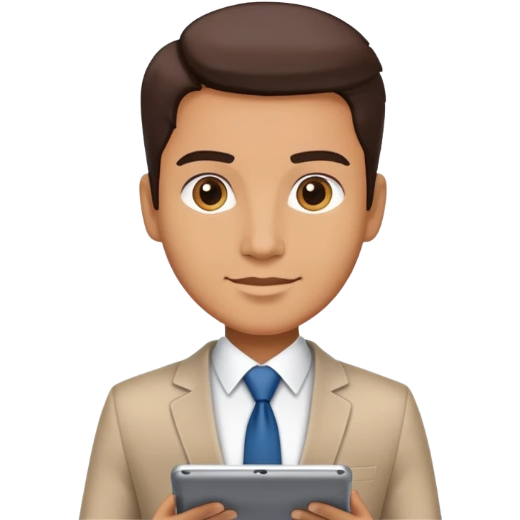 business executive confidently, holding a digital tablet or folder. The character wears smart business attire emoji