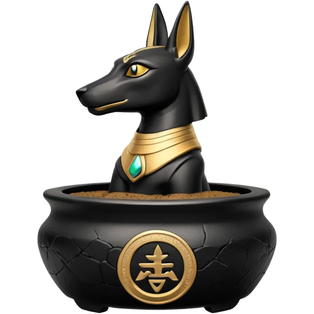 Shallow-height black Anubis branded  cracked bonsai pot  emoji