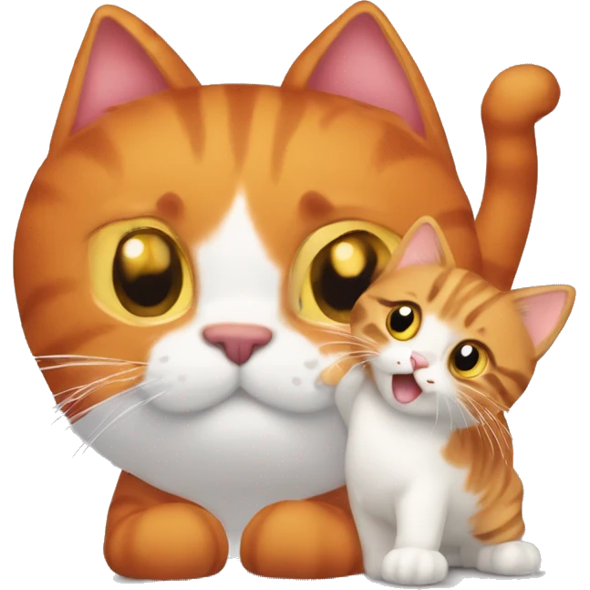 A big red cat playing with a tricolour kitty emoji