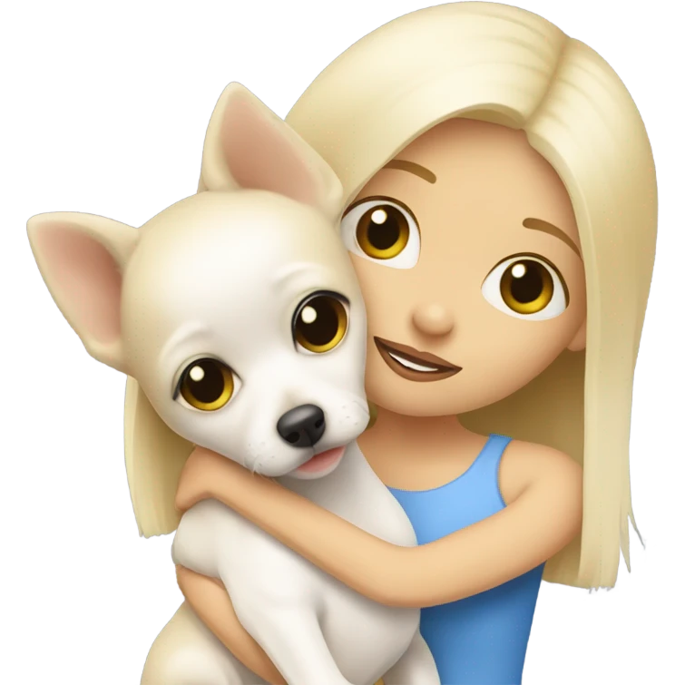 A blonde girl hugging a white chihuahua  emoji