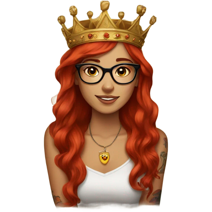 Beautiful girl, long red hair, tattoos, glasses and a crown emoji