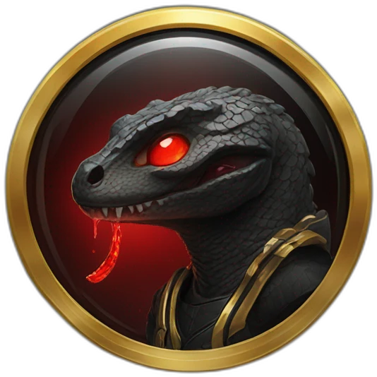 Reptiloid in black suite with red laser eyes on the gold coin emoji
