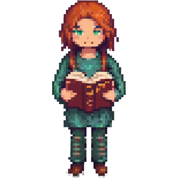 Ders character, pixel art style, holding a book emoji