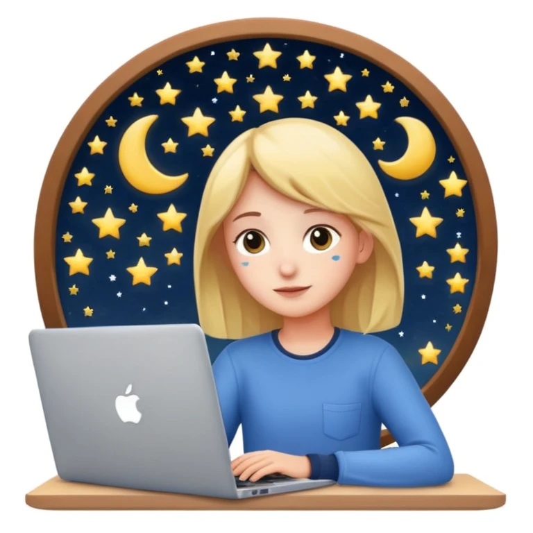 student with laptop, window at back, stars and moon visible, apple style emoji emoji