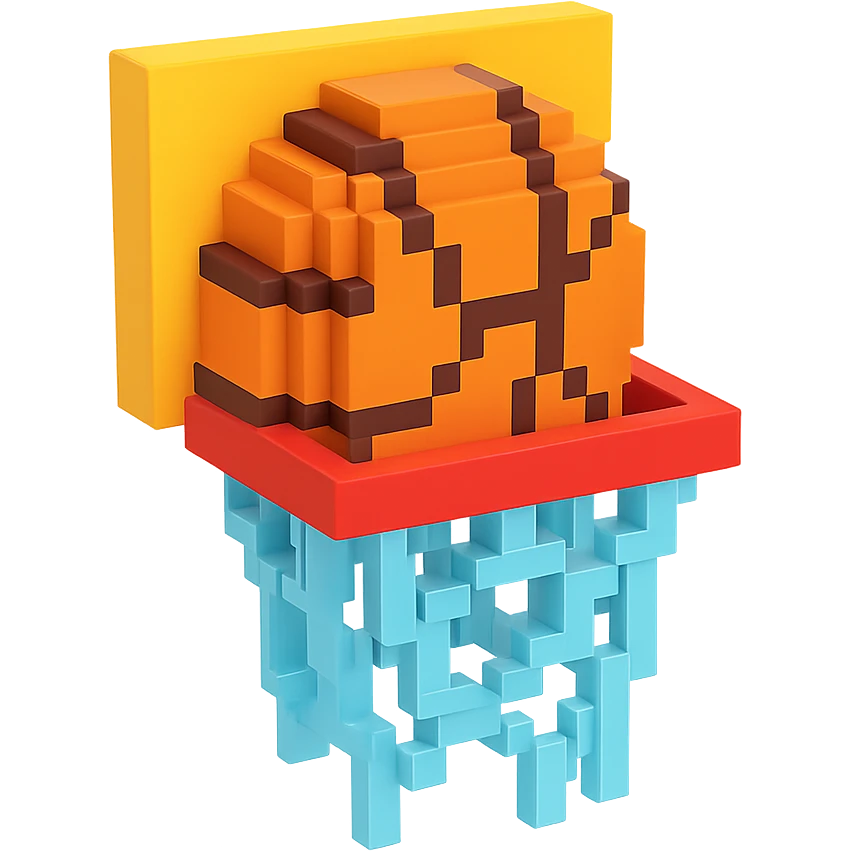 Voxel-style basketball in a net, variation 6 emoji