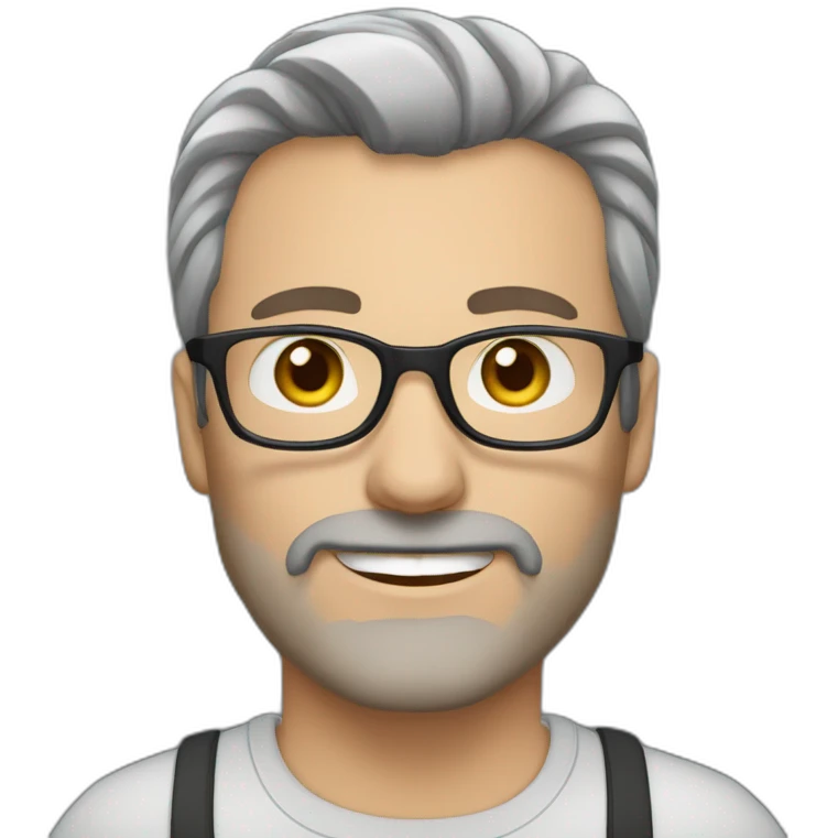 caucasian Man aged 40. Brown eyes. black glasses. Short stripped hair and short gray beard. B emoji
