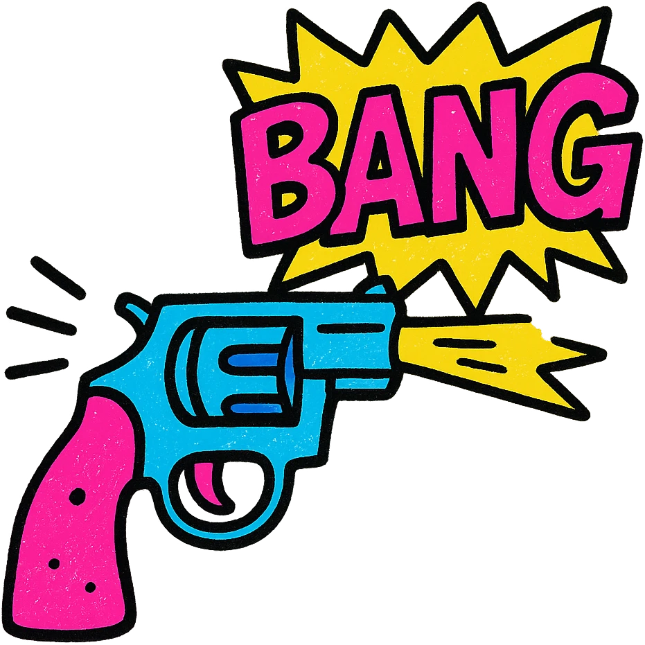 cartoon-style revolver firing with comic-style 'BANG' text popping out from the barrel instead of a bullet, pop colors style, bright colors, exaggerated motion lines emoji