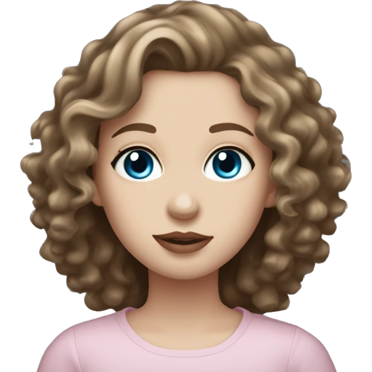 Girl with diamond blue eyes, pale skin, curly long length brown hair in a long sleeve black shirt and light pink plump lips, zoomed out to chest.  emoji