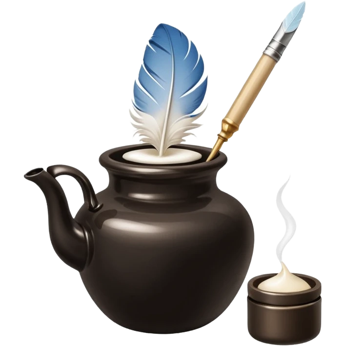 vintage ink pot with a soft white feather quill dipped inside, small, elegant, glossy, white or cream ink pot, black background, minimalistic, polished, emoji style emoji