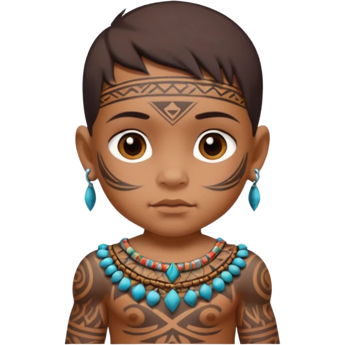 tatooed baby on neck and face, tribal ancient, half body emoji