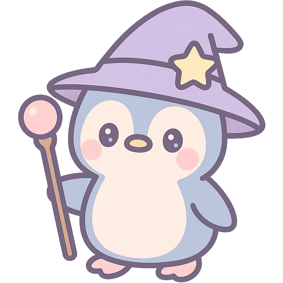 cute penguin wizard wearing a magical hat and holding a staff, fantasy style emoji