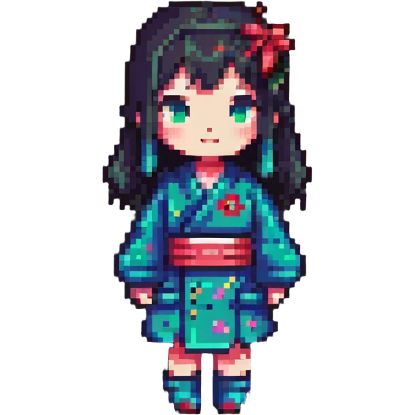 Japanese girl, pixel art style, simple features, cute pose emoji