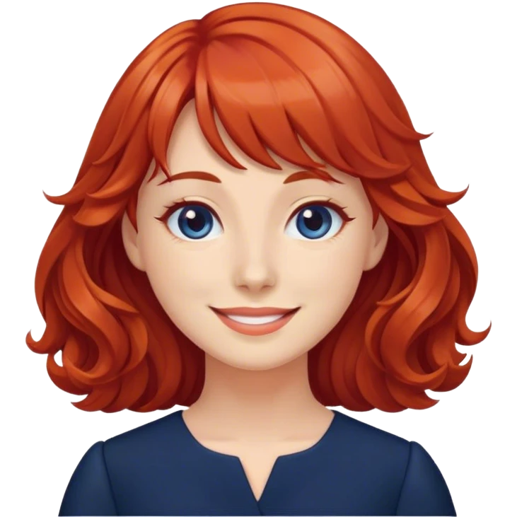Woman with wavy red bangs dark blue work dress   emoji