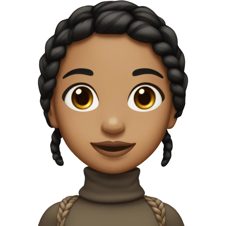 girl mixed skin tan has black and brown braids and medium size lips smiling and brown eyes and a black turtle neck holding up a peace sign emoji