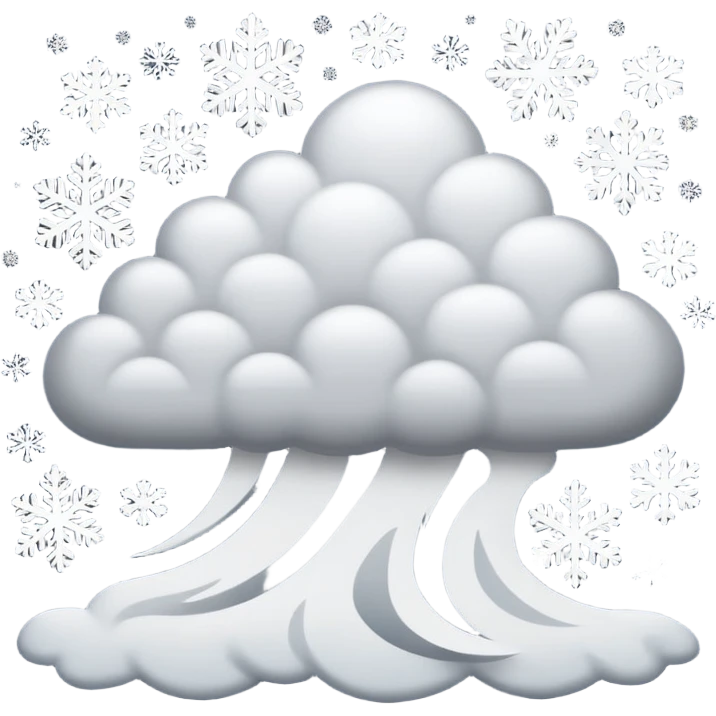 A powerful blizzard emoji icon: storm cloud with heavy swirling snow, strong wind lines, flying snowflakes, dynamic motion. White and gray tones, 2D emoji style, bold but simple shapes. emoji