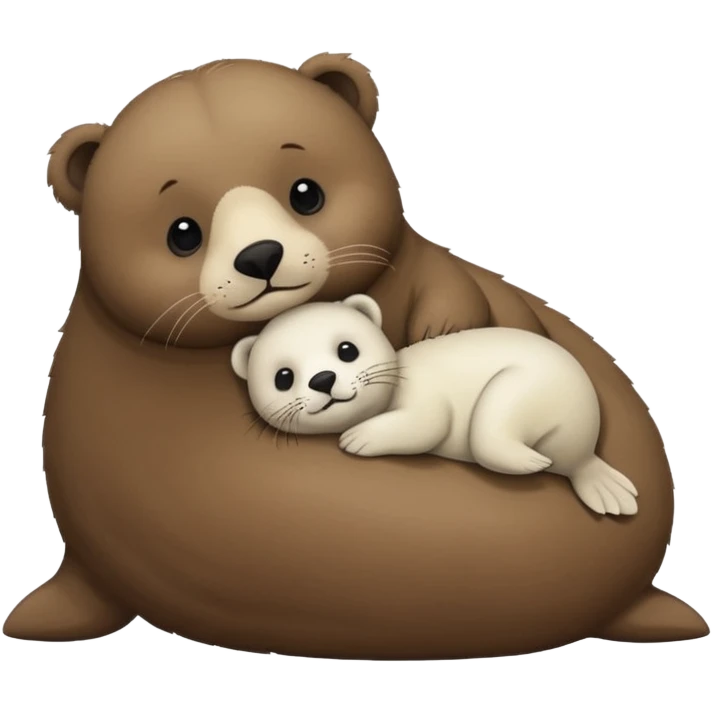 tiny white seal laying on a big brown bear’s belly emoji