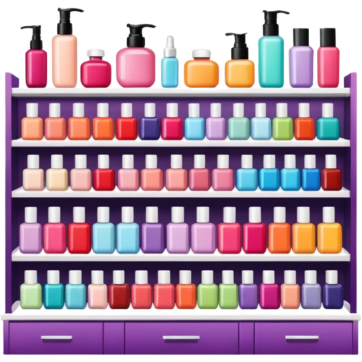 big beauty salon showcase with well-organized brand-labeled beauty products on a white shelves, vibrant colors emoji