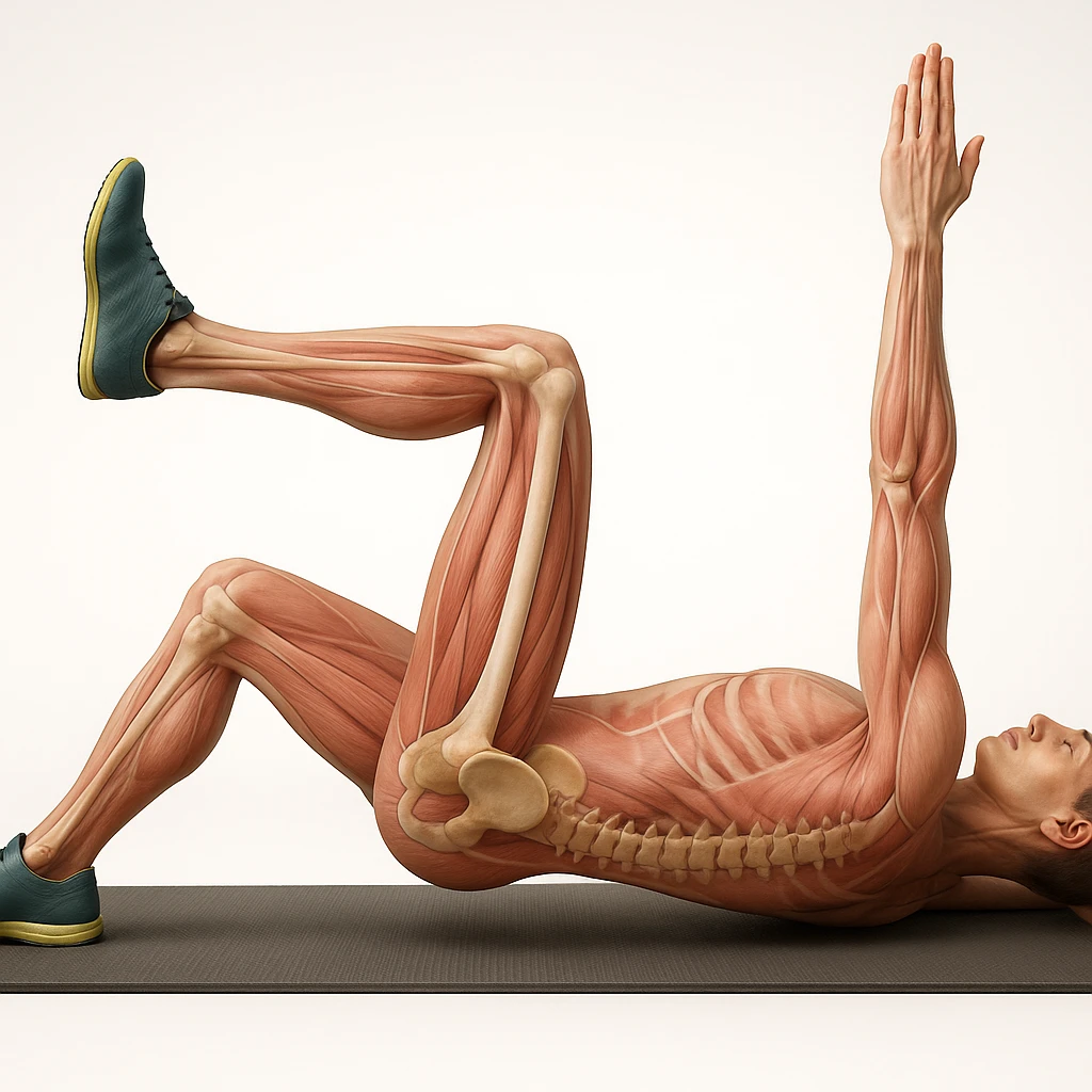 Anatomically hyperrealistic 4K side view of a man in dead bug position with the arm on the ground fully extended above the head, straight, showing pelvis and spine bones, translucent muscles and skin, medical atmosphere, realistic anatomical details. Variant 2, slightly change the position of the legs. emoji