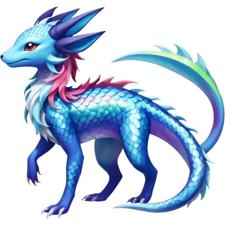 Rainbow Scaley Exotic Salandit-Aurorus-Glaceon-Suicune-Fakémon-hybrid-creature (full body) emoji