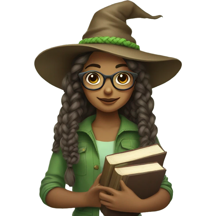 A girl with a braided hairstyle, wearing a brown witch's hat and round glasses. She is holding books in her hands. Her hair is in light green shades emoji