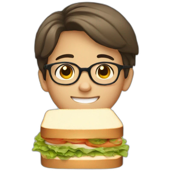 A 12-year-old boy with short brown hair and glasses eats a sandwich emoji