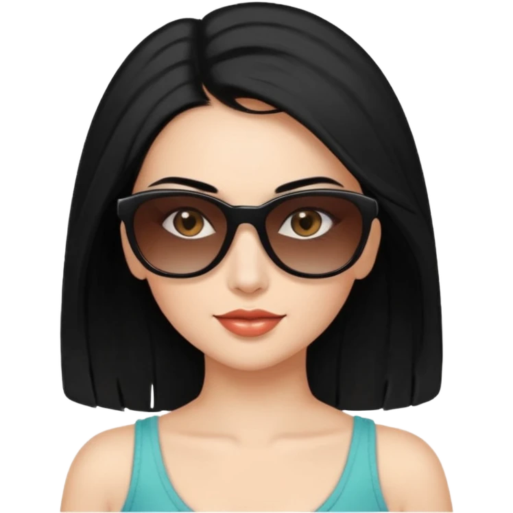My Sexy wife with sunglasses, black hair, and awesomeness. She has some gray, she's super cute, and her sunglasses are on her head like she doesn't want to wear them. She has brown eyes and is just lovely. Her hair is down her back. No earrings. She is natural beauty emoji
