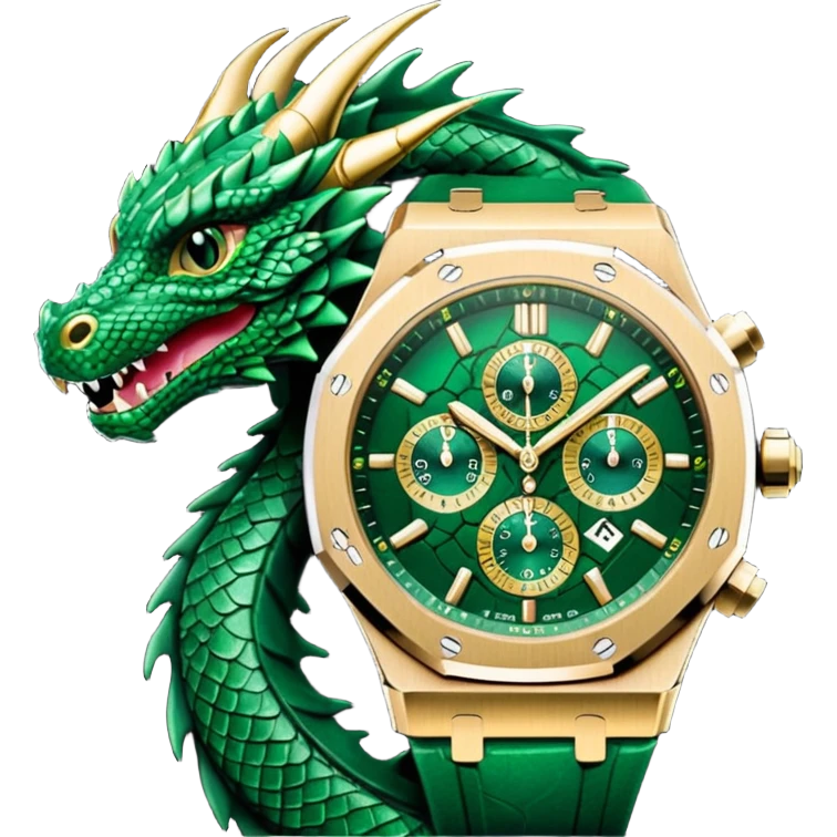 green audemars piguet watch (without text), black bugatti, and a dark green dragon  emoji