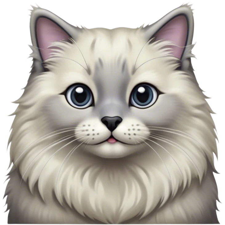 Cinematic Adorable Fluffy Grey Seal Ragdoll Cat Portrait Emoji, Head tilted cutely with big, sparkling eyes, soft grey fur with darker seal points on the ears, face, and paws, Simplified yet irresistibly adorable features, highly detailed, glowing with a soft, warm glow, high shine, affectionate and playful, stylized with a touch of whimsy, bright and endearing, soft glowing outline, capturing the essence of a curious and loving kitten, so cute it feels like it could leap out of the screen and snuggle up for a cuddle! emoji