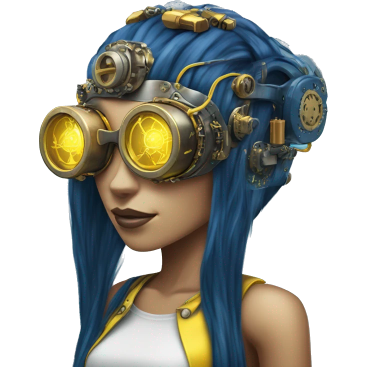 Dark blue long hair female cyborg head with yellow steampunk goggles and circuits emoji