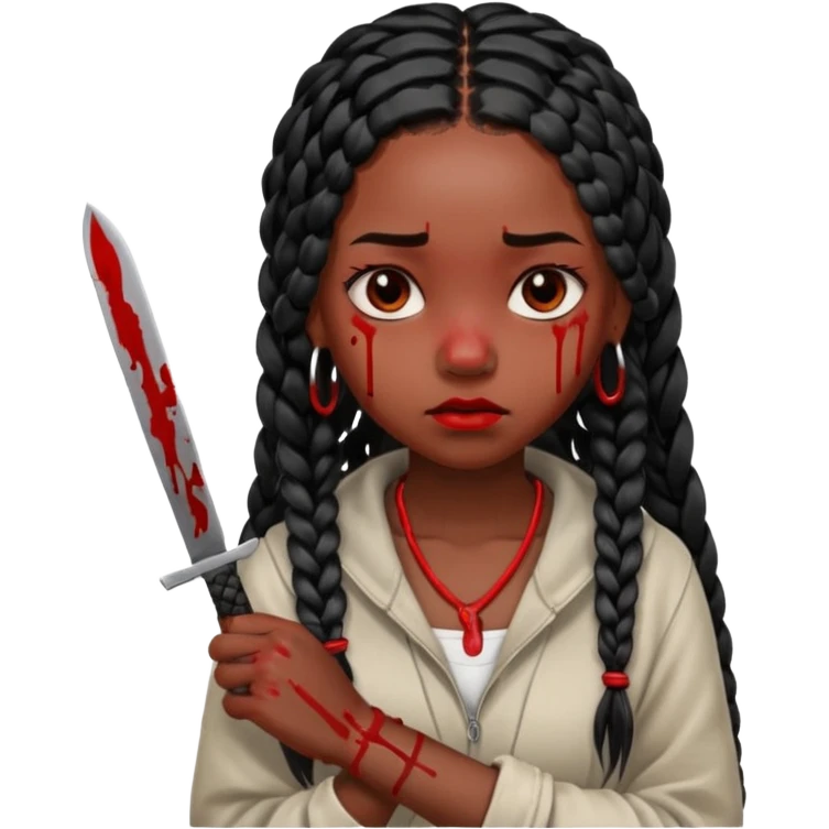 black girl with long black box braids cutting her wrists with a small blade and bleeding from it, her expression peaceful but sad emoji