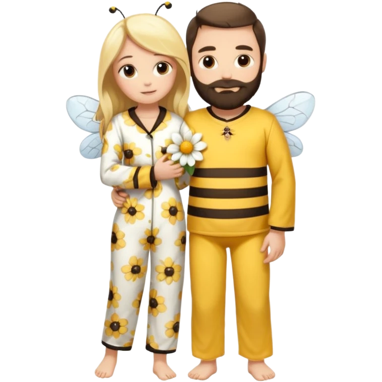 Grown up man with brown eyes, long dark brown long, white skin, medium beard, full body in cute bee pijama hugging a woman with blonde hair, white skin, dressed as a flower  emoji
