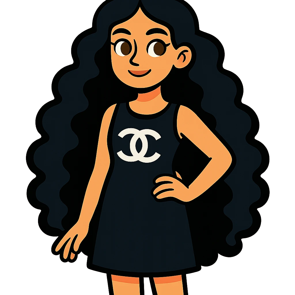 light skin girl with black very long curly hair, brown eyes, black Chanel dress, vibrant toon style emoji