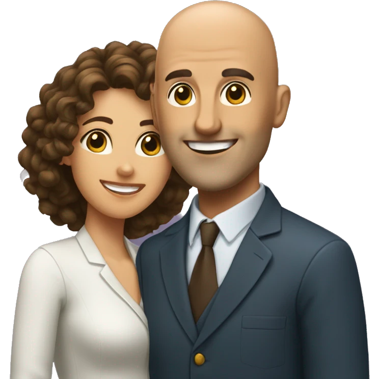 bald man without glasses and a shorter woman with dark brow curly hair, both smiling and waving hi. Show only uptil shoulders emoji