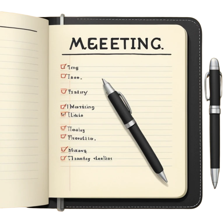 A classic black Moleskine notebook open to show an agenda page with meeting items and bullet points emoji