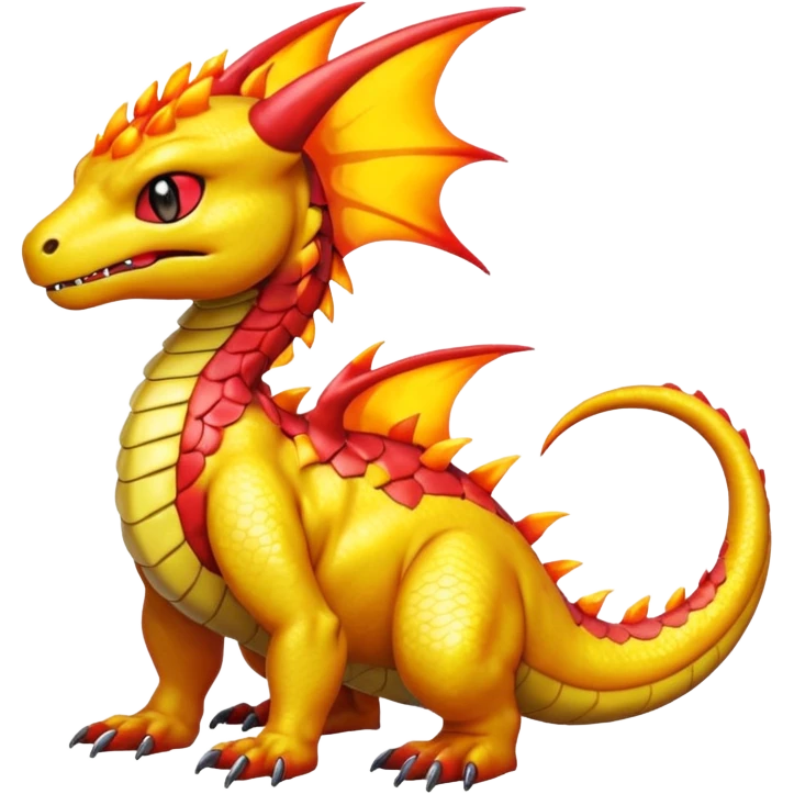 Cute Shiny yellow iridescent Guilmon-Salandit-Fakémon-hybrid-creature (full body)  emoji
