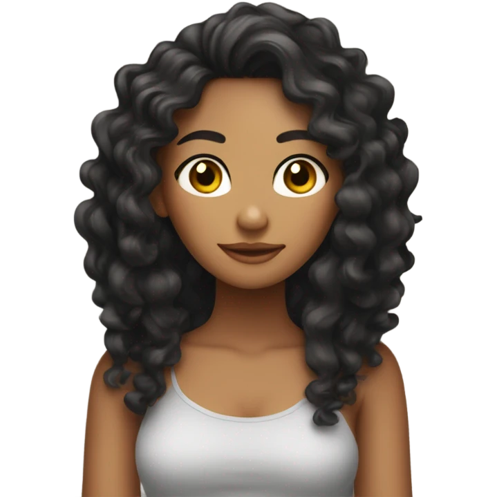 Tan girl with black long curly hair posing with hand in hair emoji