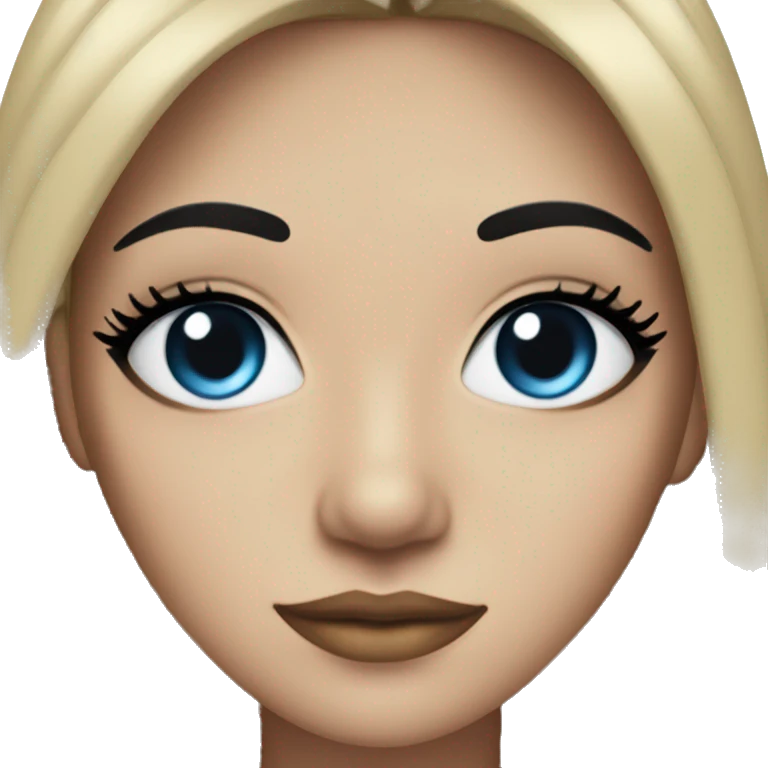 Woman with black hair and blue streaks with a middle part and eyeliner emoji