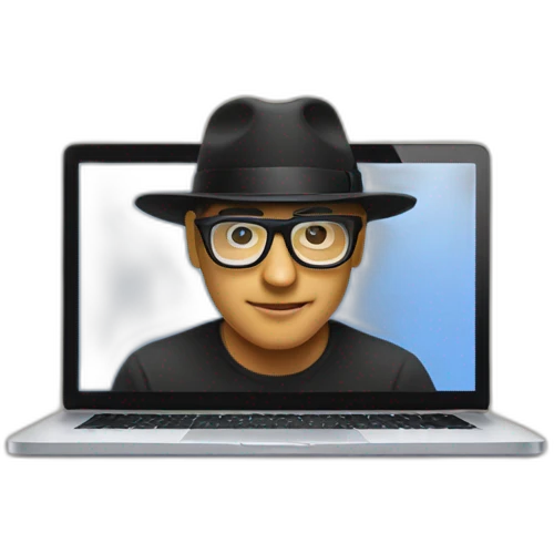 programmer emoji with macbook laptop using glasses and wearing black hat emoji