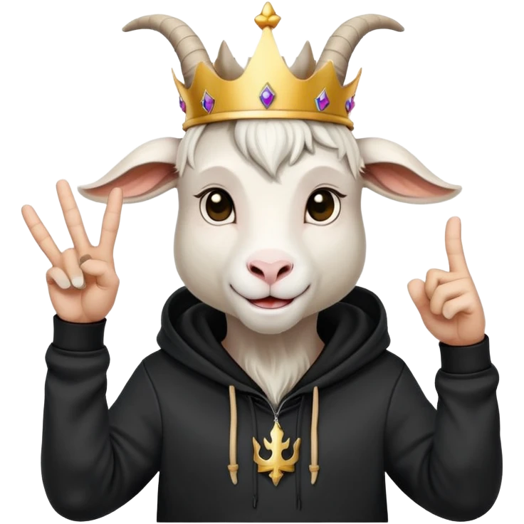 White Goat with horns and bread wearing black hoodie and a royal crown do the peace sign emoji