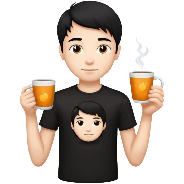 The boy teen have a black hair, and black T-shirt with a cup of tea. blue background  emoji