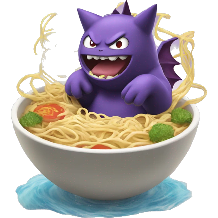 Pokémon character Gengar eating ramen noodles while floating  emoji