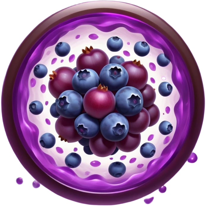 Blueberries, pomegranate, purple grapes, and dark chocolate floating in a bright purple vortex. A glowing shield surrounds cells, dissolving dark shadow particles representing free radicals. The protective light extends throughout the body, showing antioxidants' protective effects. emoji