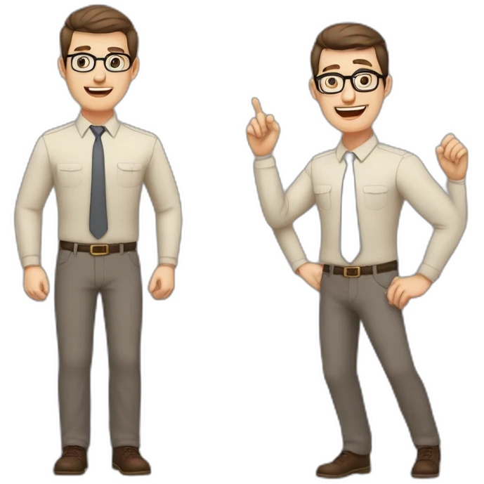 To belt Actively gesturing with hands Pale skinned fit man with dark brown hair in gray jacket, beige office shirt, brown tie, brown pants and vintage glasses. emoji