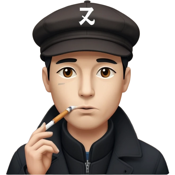 Retro 1920s man emoji: dark coat, flat cap, cigarette in mouth, face partly shadowed by cap. Moody industrial background. Add small "卍" symbol above head in Eastern philosophical style. emoji
