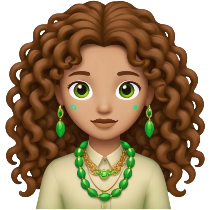 cartoon character with long brown curly hair and green accessories emoji
