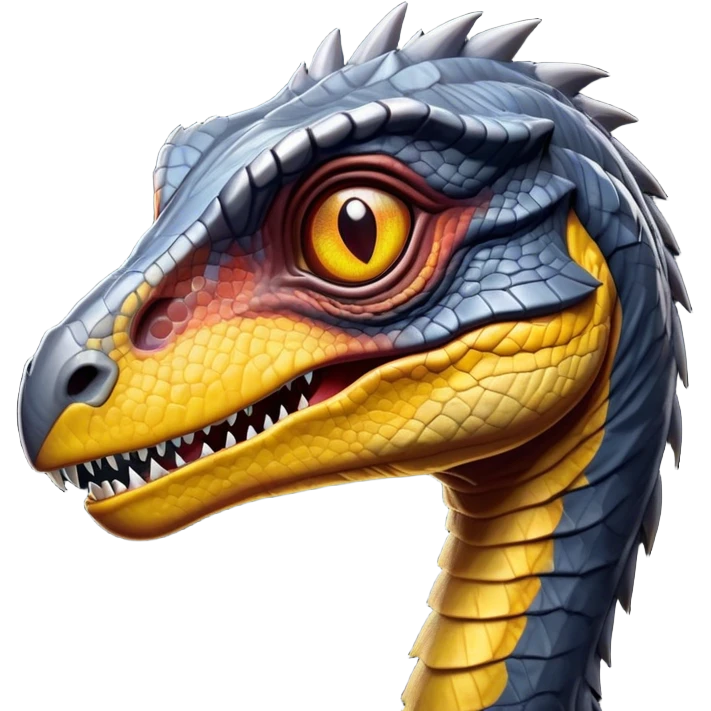 Cinematic Noble jurassic park Velociraptor Portrait Emoji, Poised and menacing, with a sleek, muscular build clad in dark, scaly skin reminiscent of jurassic park Park’s iconic raptor, a sharply curved snout and piercing, intelligent eyes that exude predatory cunning, Simplified yet boldly defined features, highly detailed, glowing with a cool, ominous radiance, high shine, intelligent and relentless, stylized with an air of cinematic prehistoric authority, focused and alert, soft glowing outline, capturing the essence of a watchful and confident jurassic park Velociraptor that appears ready to dash out of the screen with effortless power! emoji