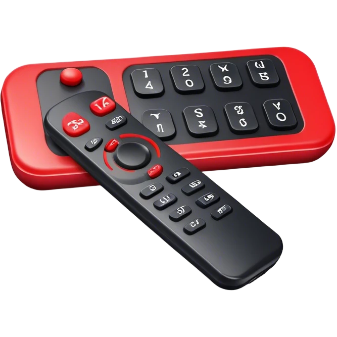 black tv remote  control with red border,  2Dimensions. Only 5 buttons, 4 in black and one big red button in the center emoji