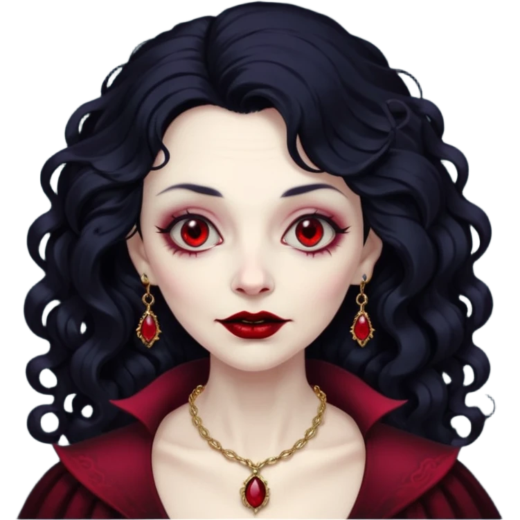 old Vampire lady Pale queen with ruby necklace, curly black long hair emoji