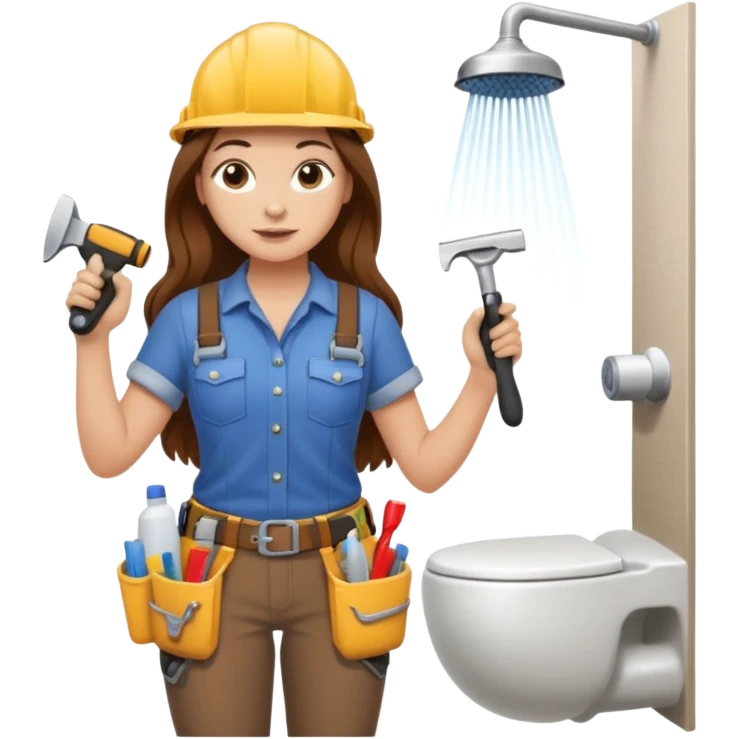 beautiful girl with long brown hair constructing new bathroom area with new shower and amenities  emoji